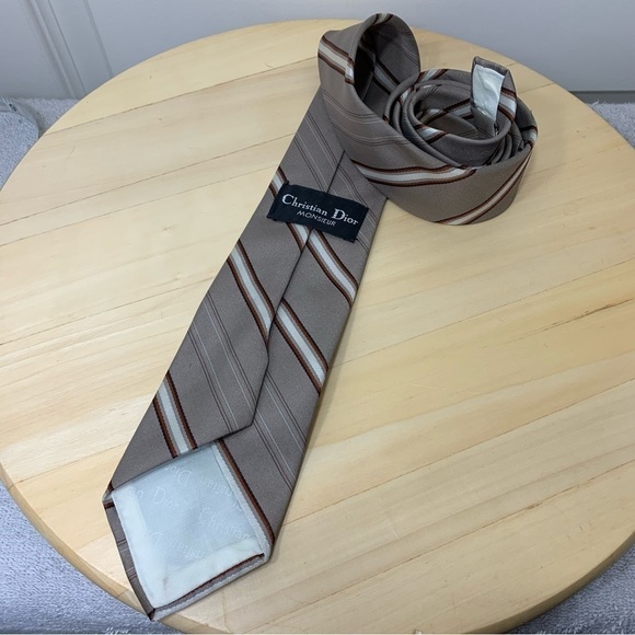 Christian Dior Monsieur Vintage Neck Tie Tan Gray Classic Diagonals Stripes - Picture 7 of 11